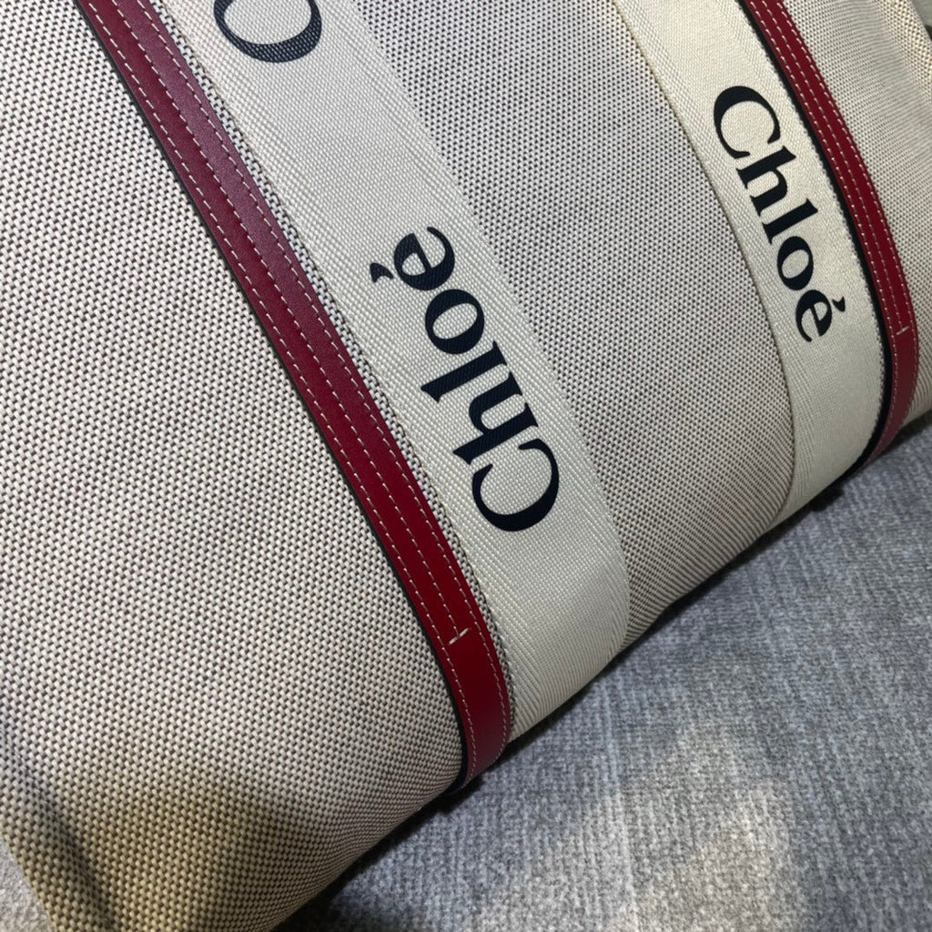 LAGRE WOODY TOTE BAG 45 IN BEIGE LINEN CANVAS BLACK WEBBING LOGO EMBROIDER RED CALFSKIN