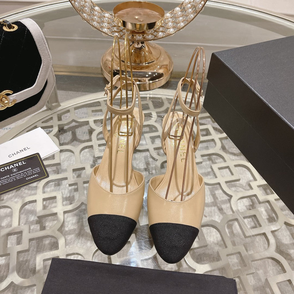 CHANEL high slingbacks beige black lambskin grosgrain